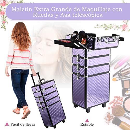 HOMCOM Maletín de Maquillaje Profesional con Ruedas Universales Distintos Niveles Asa Extensible Maletín Maquillaje Trolley Aleación de Aluminio 33.5x23x76/95.5 cm Violeta