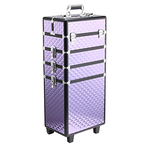 HOMCOM Maletín de Maquillaje Profesional con Ruedas Universales Distintos Niveles Asa Extensible Maletín Maquillaje Trolley Aleación de Aluminio 33.5x23x76/95.5 cm Violeta