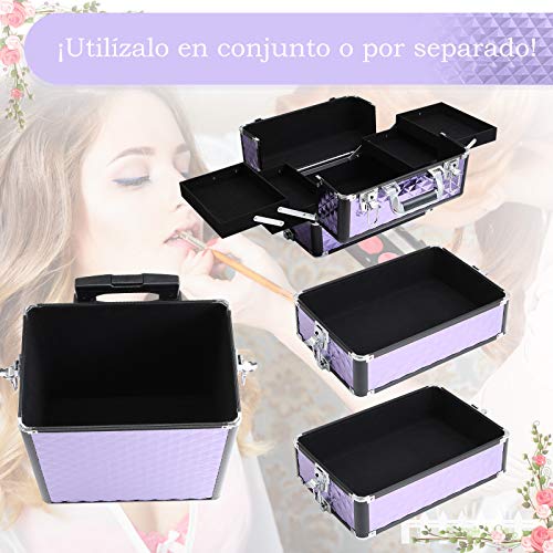 HOMCOM Maletín de Maquillaje Profesional con Ruedas Universales Distintos Niveles Asa Extensible Maletín Maquillaje Trolley Aleación de Aluminio 33.5x23x76/95.5 cm Violeta