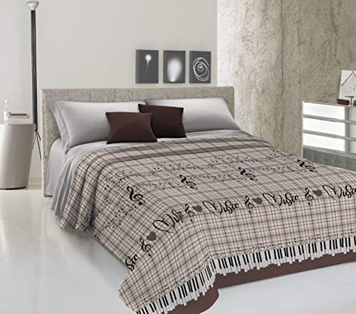 HomeLife Colcha fina de verano y primavera para cama de 135 cm | Edredón estampado con diseño musical fabricado en Italia | Ligera colcha cubrecama de algodón para cama de matrimonio | Marrón, 220x280