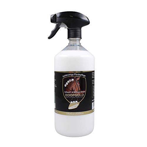 HOOFGOLD Spray para colas y crinas, para caballos, elixir para el cuidado del pelo para brillo y peinar, botella pulverizadora de 1000 ml