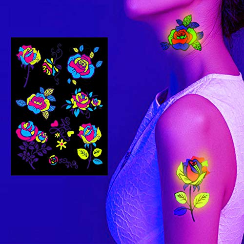 HOWAF 8 hojas Tatuajes temporales para adultos Mujer hombres, impermeable Tatuaje Temporal Fluorescente para fiesta Corporal maquillaje Tatuajes Brazo Cuello