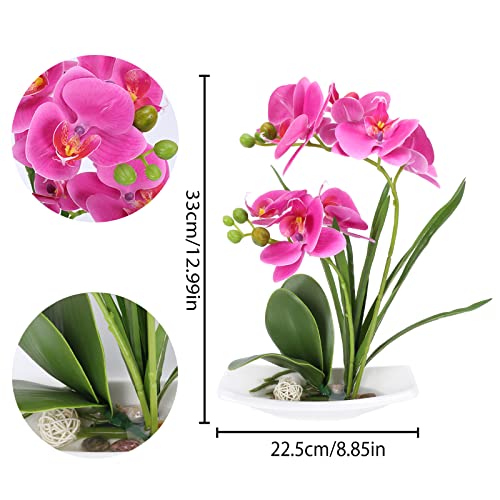 HUAESIN Flores Artificiales con Maceta Pequeña 33cm Falsa Phalaenopsis Artificial Orquídeas Mariposa Fucsia Planta de Plastico para Baño Exterior Interior Boda Jardín Decoración de Hogar Balcon