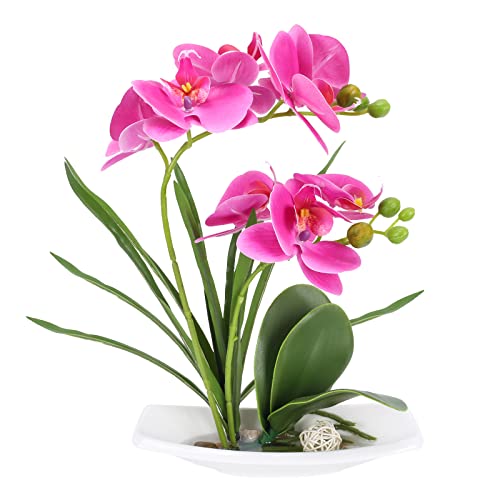 HUAESIN Flores Artificiales con Maceta Pequeña 33cm Falsa Phalaenopsis Artificial Orquídeas Mariposa Fucsia Planta de Plastico para Baño Exterior Interior Boda Jardín Decoración de Hogar Balcon