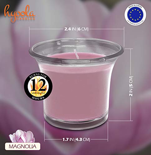 Hyoola Velas Votivas con Perfume - Velas Aromáticas en Vaso Transparente - Velas Perfumadas con Magnolia - Rosa Claro - 12 Horas de Combustión - Pack de 4 - Hechas en Europa