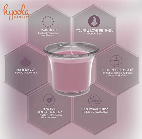 Hyoola Velas Votivas con Perfume - Velas Aromáticas en Vaso Transparente - Velas Perfumadas con Magnolia - Rosa Claro - 12 Horas de Combustión - Pack de 4 - Hechas en Europa