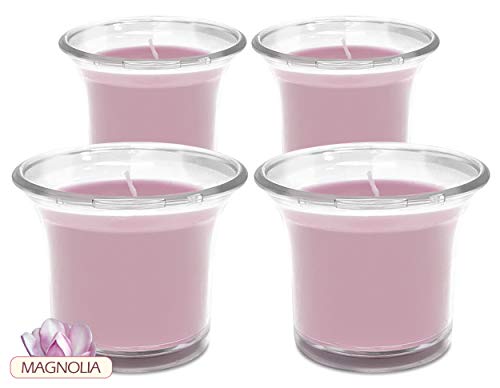 Hyoola Velas Votivas con Perfume - Velas Aromáticas en Vaso Transparente - Velas Perfumadas con Magnolia - Rosa Claro - 12 Horas de Combustión - Pack de 4 - Hechas en Europa