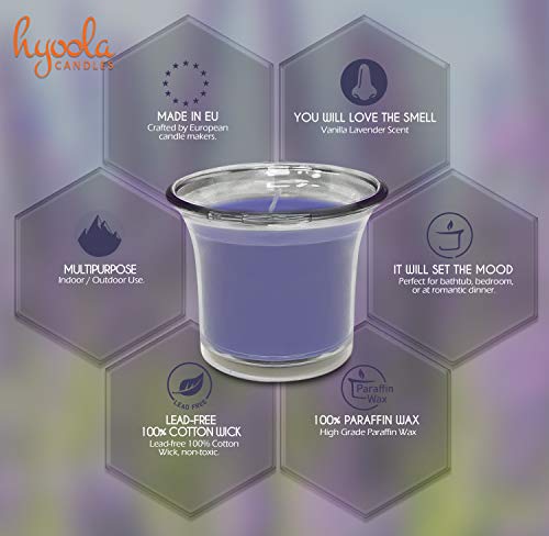 Hyoola Velas Votivas con Perfume - Velas Aromáticas en Vaso Transparente - Velas Perfumadas con Vainilla y lavanda - Violeta Claro - 12 Horas de Combustión - Pack de 4 - Hechas en Europa