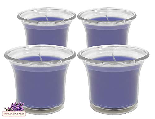 Hyoola Velas Votivas con Perfume - Velas Aromáticas en Vaso Transparente - Velas Perfumadas con Vainilla y lavanda - Violeta Claro - 12 Horas de Combustión - Pack de 4 - Hechas en Europa