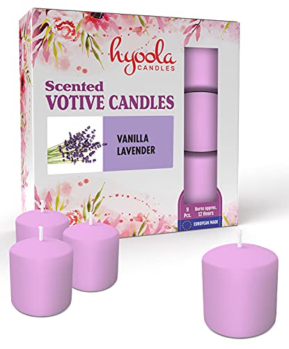 Hyoola Velas Votivas con Perfume - Velas Perfumadas con Aroma a Vainilla y Lavanda - Violeta Claro - 12 Horas de Combustión - Pack de 9 Velas Aromáticas - Hechas en Europa