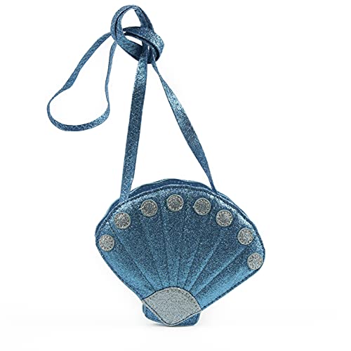 Inca. Bolso niña con forma de CONCHA de color azul intenso de purpurina brillante. Bolsos niñas estilo bandolera cruzado con asa larga. Regalo niña original