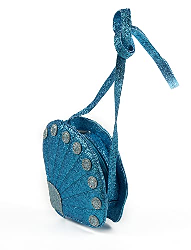 Inca. Bolso niña con forma de CONCHA de color azul intenso de purpurina brillante. Bolsos niñas estilo bandolera cruzado con asa larga. Regalo niña original