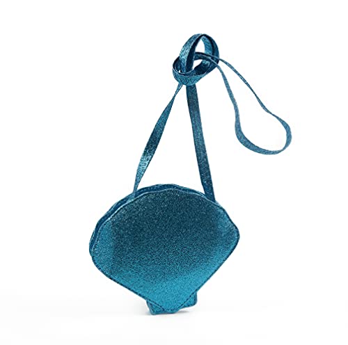 Inca. Bolso niña con forma de CONCHA de color azul intenso de purpurina brillante. Bolsos niñas estilo bandolera cruzado con asa larga. Regalo niña original