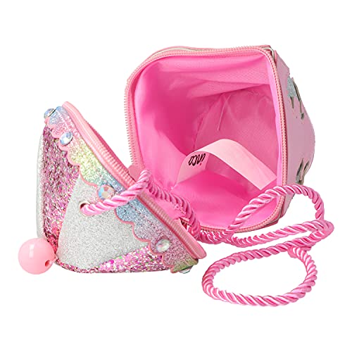 Inca. Bolso niña rosa con purpurina. Forma de carrusel de Unicornios. Bolsos niñas estilo bandolera cruzado con asa larga. Cierre cremallera. Regalo niña original.