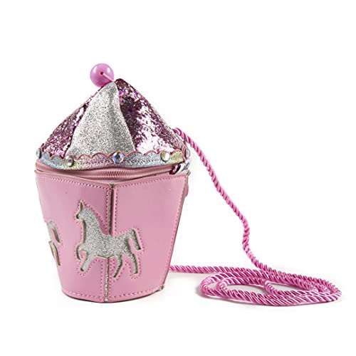 Inca. Bolso niña rosa con purpurina. Forma de carrusel de Unicornios. Bolsos niñas estilo bandolera cruzado con asa larga. Cierre cremallera. Regalo niña original.