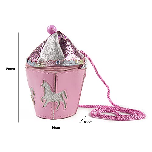 Inca. Bolso niña rosa con purpurina. Forma de carrusel de Unicornios. Bolsos niñas estilo bandolera cruzado con asa larga. Cierre cremallera. Regalo niña original.