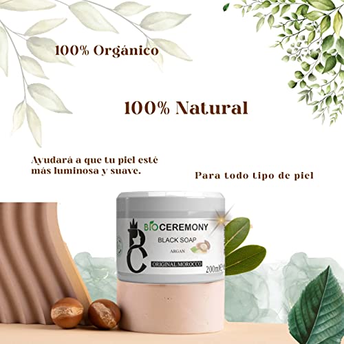 Jabón Negro Marroquí Africano con Argán Bio 100%, exfoliante vegano Puro Natural Exfoliación e Hidratación Corporal, Natural Beldi - vitamina E, 200 G