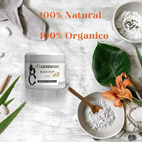 Jabón Negro Marroquí Africano con Argán Bio 100%, exfoliante vegano Puro Natural Exfoliación e Hidratación Corporal, Natural Beldi - vitamina E, 200 G