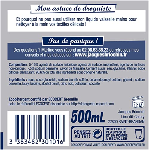 Jacques Briochin Líquido Vajilla Manos Especial Pieles Sensibles Ecocert 500 ml