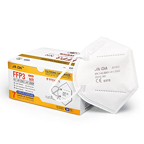 Jada 20 Mascarillas Autofiltrante Fpp3 Homologada. Pfe≥ 99%| Catalogada Epi | Alto Nivel de Protección con 6 Capas de Filtración | Sellado Individualmente 250 g