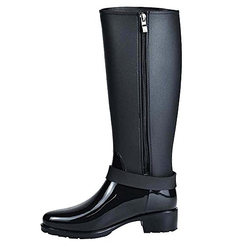 Jamron Mujer Elegante Nieve Lluvia Festival Wellies Altos Ajustable Correa de Hebilla Rodilla Alta Cremallera Botas Wellington Negro SN02006 EU39.5