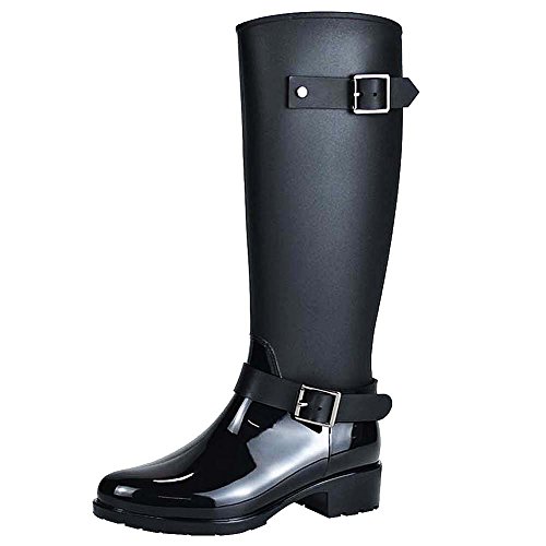 Jamron Mujer Elegante Nieve Lluvia Festival Wellies Altos Ajustable Correa de Hebilla Rodilla Alta Cremallera Botas Wellington Negro SN02006 EU39.5