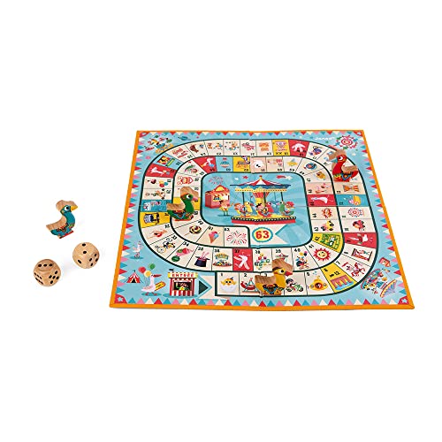 Janod - J02743 - Juego de la oca con diseño de tiovivo, juego familiar con figuritas de madera para niños a partir de 4 años