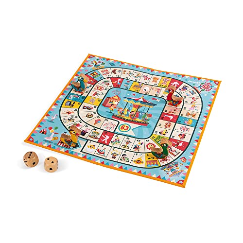 Janod - J02743 - Juego de la oca con diseño de tiovivo, juego familiar con figuritas de madera para niños a partir de 4 años