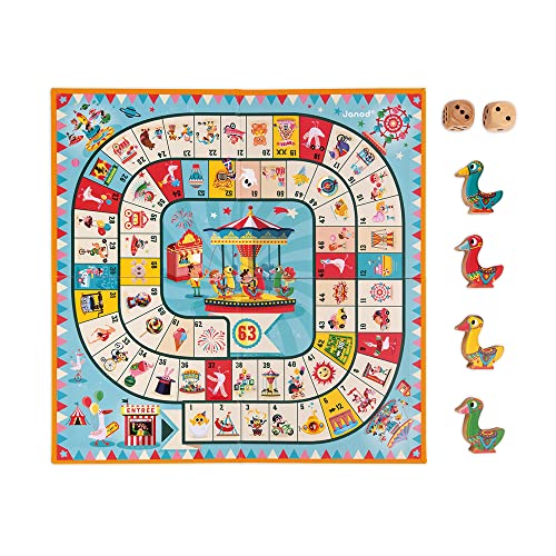 Janod - J02743 - Juego de la oca con diseño de tiovivo, juego familiar con figuritas de madera para niños a partir de 4 años