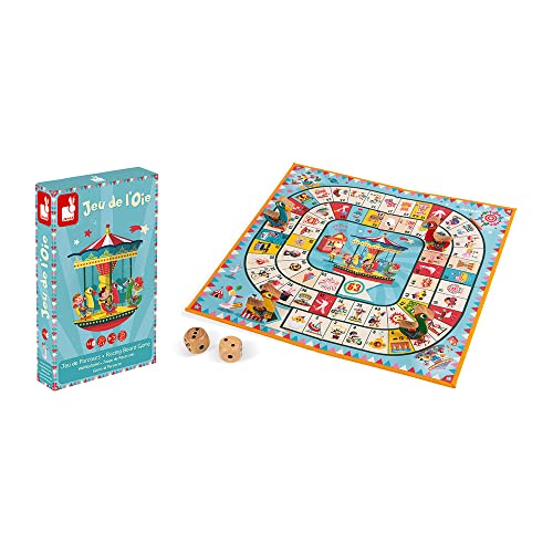 Janod - J02743 - Juego de la oca con diseño de tiovivo, juego familiar con figuritas de madera para niños a partir de 4 años