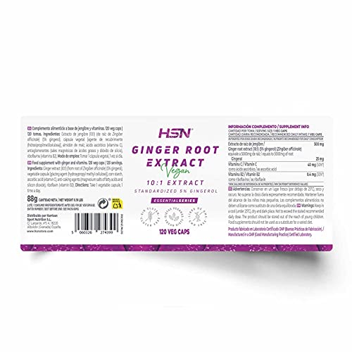 Jengibre de HSN | 500mg | Extracto de Raíz 10:1 | Suministro para 4 Meses | Potente Antioxidante + Salud Digestiva | Vegano, Sin Gluten, Sin Lactosa | 120 Cápsulas Vegetales