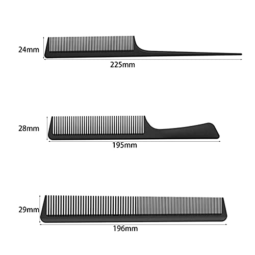 JeoPoom 3 Piezas Peine de Pelo de Antiestático, Peine de Peluquería de Fibra de Carbono, Peines de Dientes Finos Profesionales, Peines de Cola de Peluquero para Corte y Peinado