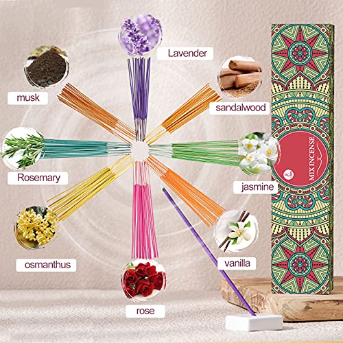 Jeteveven 120PCS Varillas de Incienso,Palos Incienso Mixto 8 Aromas Naturales Conos Incienso Quemador de Incienso de Reflujo,Sándalo, Jazmín, Lavanda, Rosa, Almizcle, Vainilla, Romero, Osmanto