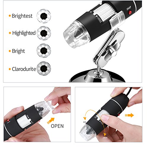 Jiusion Original 40-1000X Microscopio USB con Estuche Portátil, Cámara de Endoscopio Digital de Aumento 8 Leds Base Metálica para Micro USB Tipo C Android, Windows Mac Linux Chrome