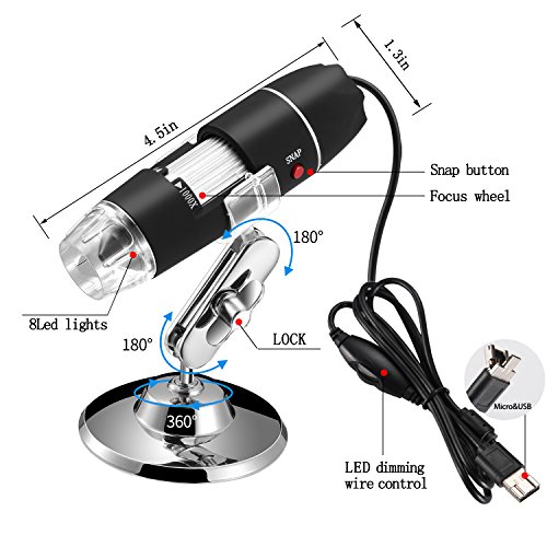 Jiusion Original 40-1000X Microscopio USB con Estuche Portátil, Cámara de Endoscopio Digital de Aumento 8 Leds Base Metálica para Micro USB Tipo C Android, Windows Mac Linux Chrome