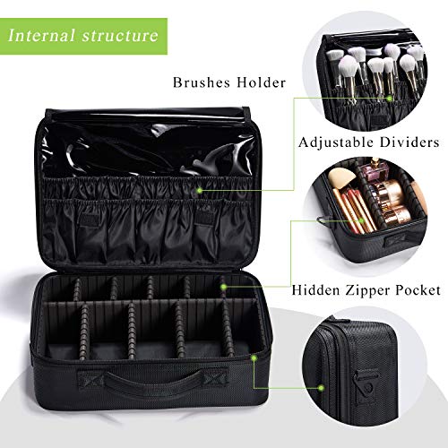 Joligrace Bolsa de Maquillaje Neceser Maquillaje Tela Oxford Cosméticos Bolso de Viaje 2 Capas Maletín Manicura Joyero y Uñas Organizador Grande Maletín Maquillaje con Correa Vacio Profesional, Negro