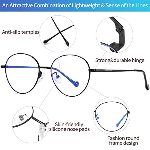 Joopin Gafas Luz Azul Mujer y Hombre para Ordenador Lentes Antireflejantes con Filtro de Luz Azul sin Graduación Montura Redonda de Metal