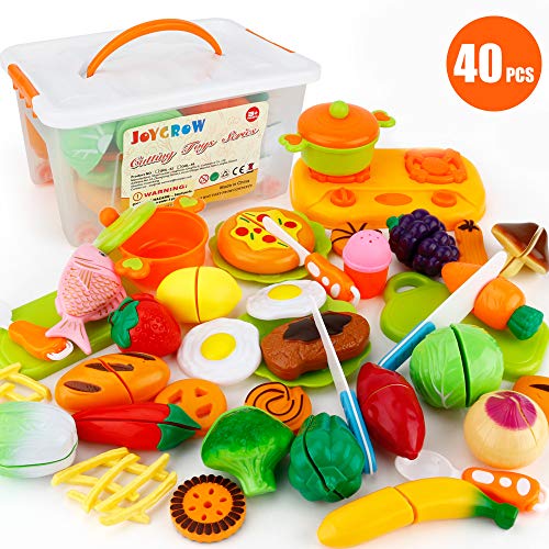 JoyGrow 40 Piezas Alimentos de Juguete Cortar Frutas Verduras, Accesorios de Cocina Juego de Comida,Educación Juegos para Nino,Juego de rol Infantil de Imitación con Caja de Almacenamiento