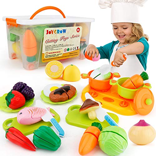 JoyGrow 40 Piezas Alimentos de Juguete Cortar Frutas Verduras, Accesorios de Cocina Juego de Comida,Educación Juegos para Nino,Juego de rol Infantil de Imitación con Caja de Almacenamiento