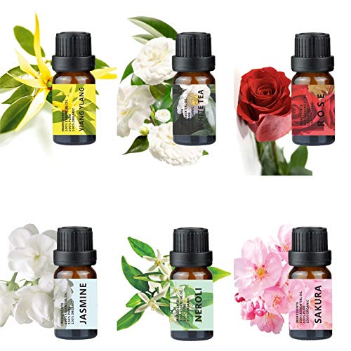 Juego de Aceites Esenciales Florales, Aceites Perfumados de Aromaterapia Orgánica Top 6 Aceites Esenciales Terapéuticos de Grado Premium 100% Puros - Juego de Regalo Botellas de 6 / 10ml