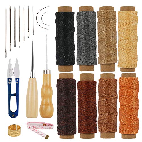 Juego de Herramientas de Costura de Cuero CHIFOOM 22pcs Hilo Artesanal de Cuero para DIY Craft de Costura Encerado Carrete Tijeras Cinta Aguja Zapatos de Cuero Abrigo de Piel Sofá de Cuero