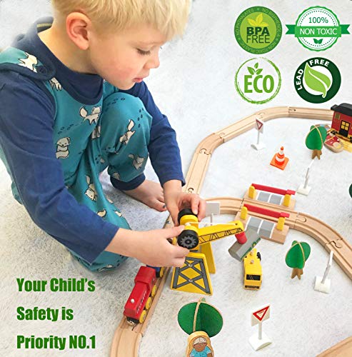 Juego de trenes de juguete de 60 piezas - Grúa y vías de madera y trenes exclusivos - Se adapta a Thomas, Brio, Chuggington, Melissa y Doug - Juguetes para niños para niñas y niños de más de 3 años