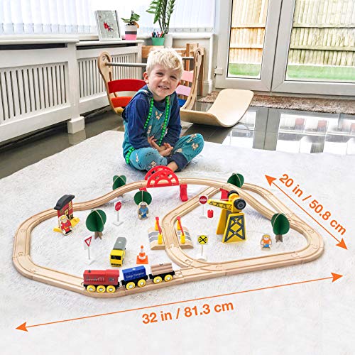 Juego de trenes de juguete de 60 piezas - Grúa y vías de madera y trenes exclusivos - Se adapta a Thomas, Brio, Chuggington, Melissa y Doug - Juguetes para niños para niñas y niños de más de 3 años