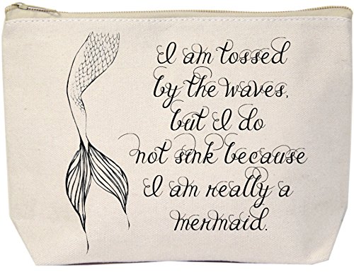 Jules - Bolsa de lona natural con cremallera extragrande, diseño con texto en inglés"I am Tossed By The Waves But I Do Not Sink Because I'm Really A Mermaid