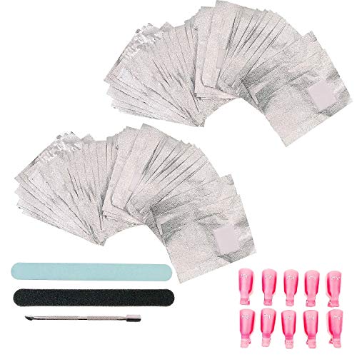 JZK 200 x Envolturas láminas de gel removedor esmalte uñas con almohadillas algodón, papel aluminio para eliminar el esmalte de uñas normal/gel, clips uñas, lima uñas y buffer, empuja cutícula