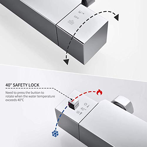 KAIBOR Columna de Ducha Termostática Cuadrada, Set de Ducha con Alcachofa Ducha Lluvia 25x25 cm y Barra Altura Ajustable, Sistema de Ducha para Baño de Acero Inoxidable, Anti-quemaduras