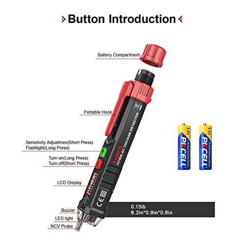 KAIWEETS HT100 Detector de Voltaje sin Contacto, NCV Detector de Tensión para Identificar Fase y Neutro, LCD Buscapolos con Doble Rango 12V-1000V/48V-1000V, Localizar Punto de Rotura, Alarma, Linterna