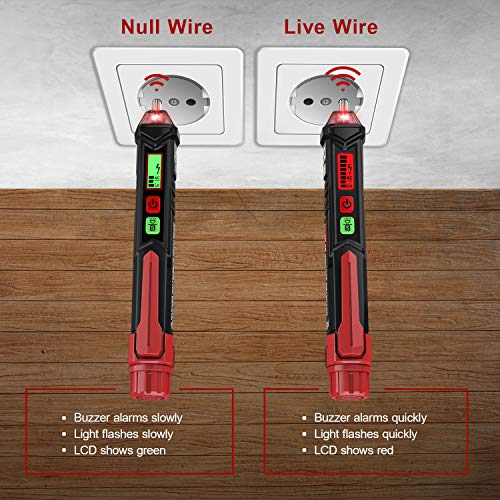 KAIWEETS HT100 Detector de Voltaje sin Contacto, NCV Detector de Tensión para Identificar Fase y Neutro, LCD Buscapolos con Doble Rango 12V-1000V/48V-1000V, Localizar Punto de Rotura, Alarma, Linterna