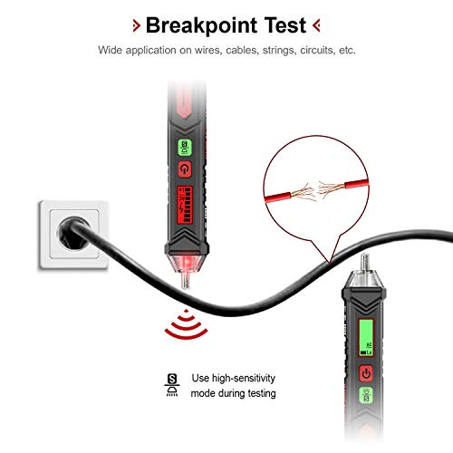 KAIWEETS HT100 Detector de Voltaje sin Contacto, NCV Detector de Tensión para Identificar Fase y Neutro, LCD Buscapolos con Doble Rango 12V-1000V/48V-1000V, Localizar Punto de Rotura, Alarma, Linterna