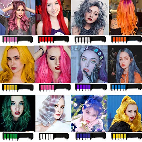 Kalolary 12 Colores Tiza para el Cabello, Temporal Cabello Tiza Peine Cabello Pelo Tiza Peine no Tóxico Lavables Tinte para Cabello para Niños y Adultos Halloween Navidad Cosplay DIY Fiesta